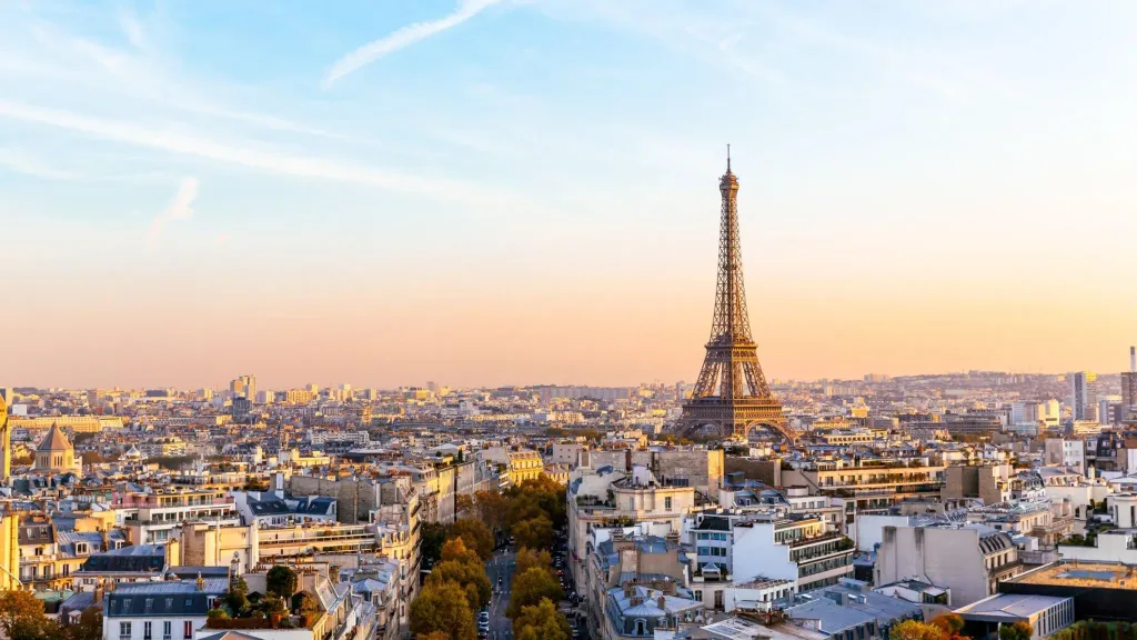 Paris cityscape with Eiffel Tower at sunset