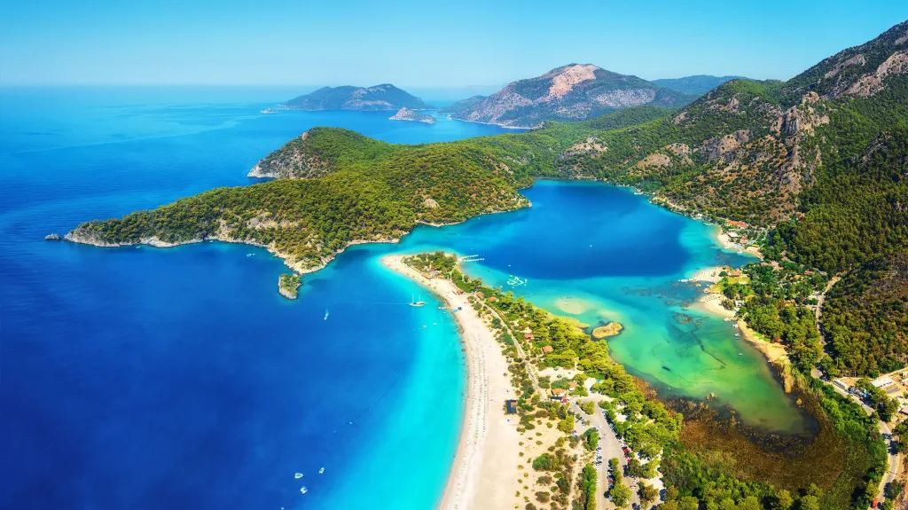 Amazing aerial view of blue lagoon in Oludeniz. It is one of the best places to visit in Turkiye